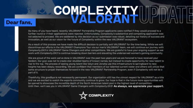 Complexity Gaming, erkek dizilişini VALORANT kadar kapatır