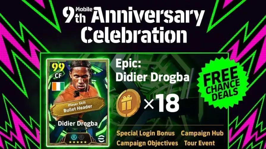 eFootball, 9. yıl dönümünü ücretsiz, muhteşem bir Didier Drogba kartıyla kutluyor.